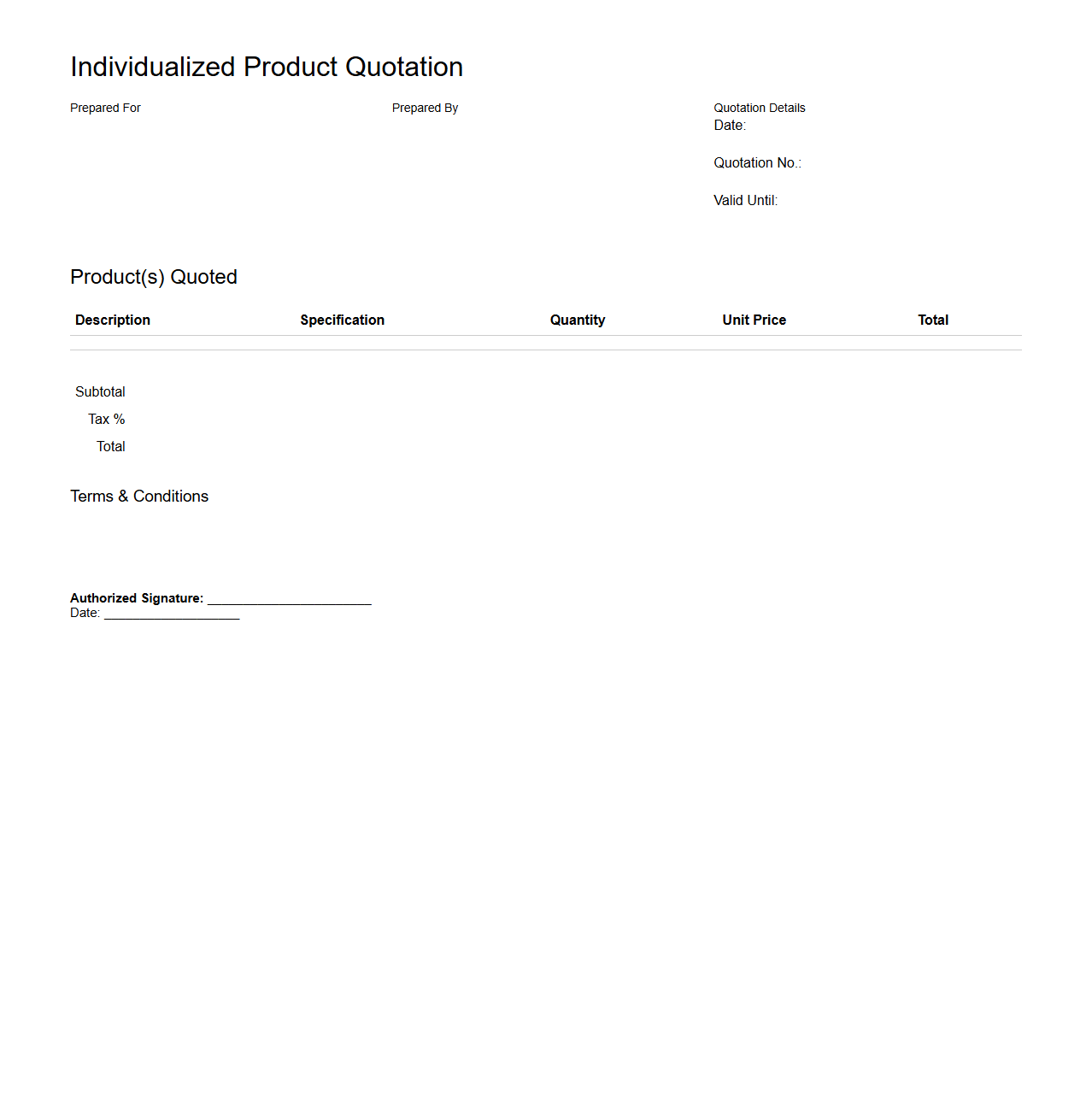 Individualized Product Quotation Format