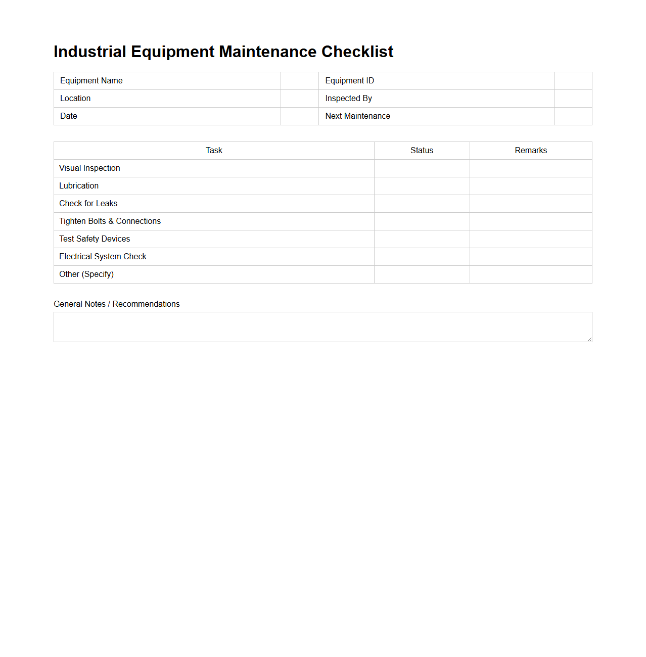 Industrial Equipment Maintenance Checklist Layout