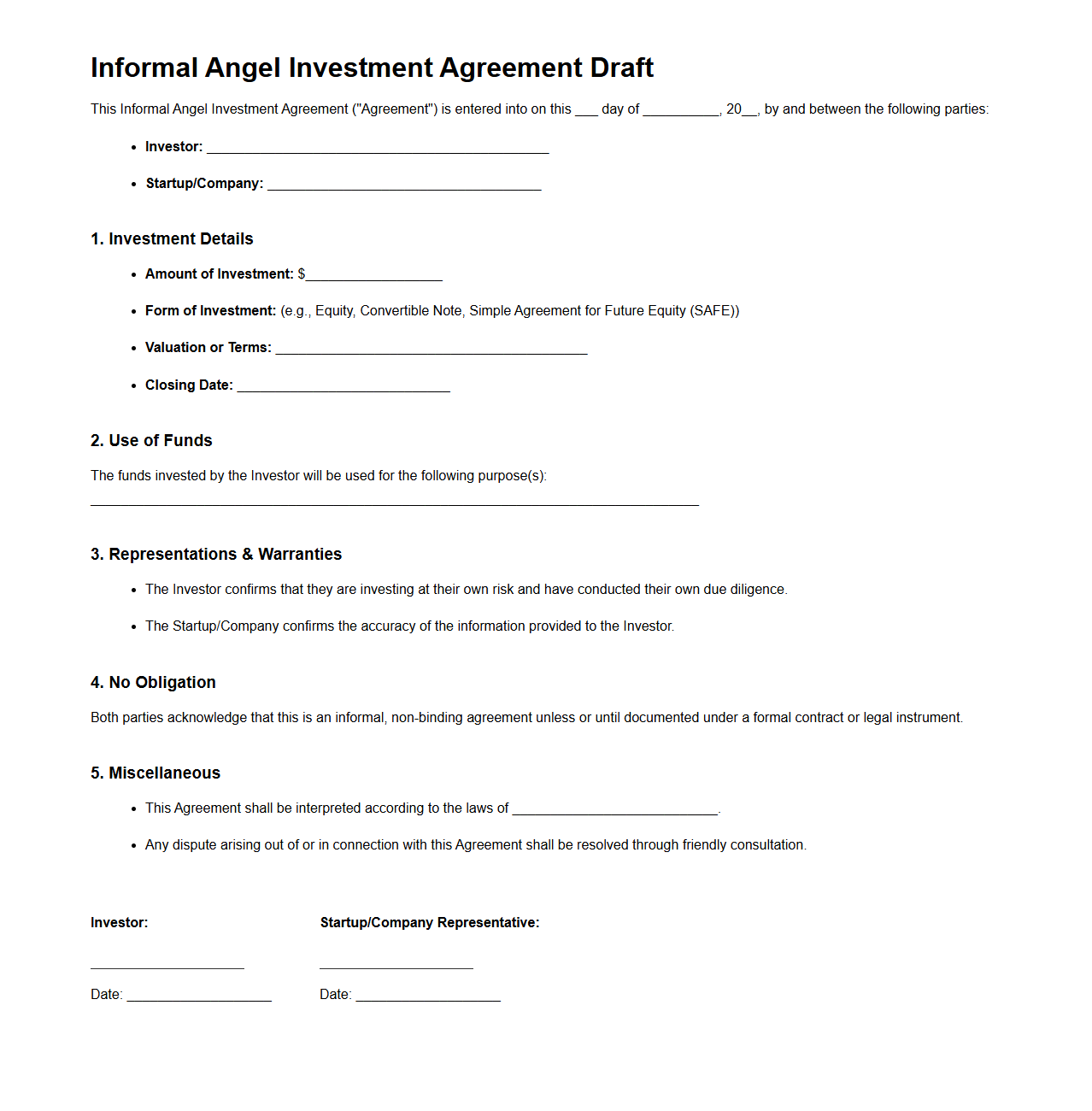 Informal Angel Investment Agreement Draft