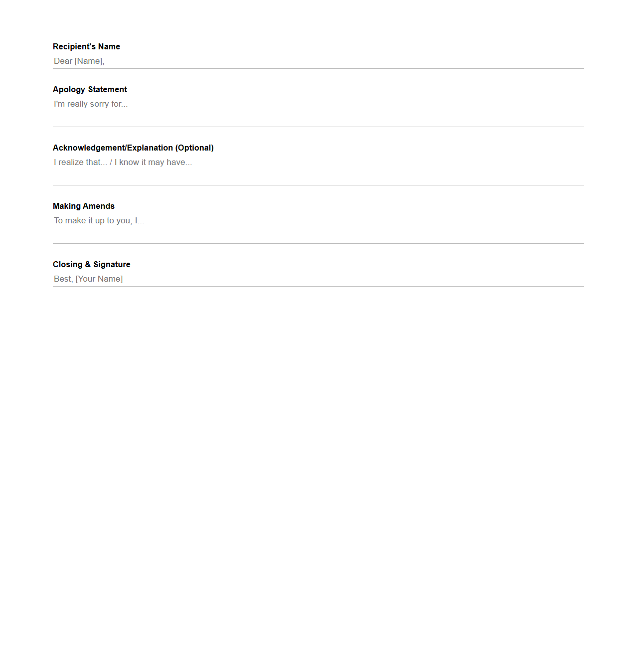 Informal Apology Blank Letter Framework