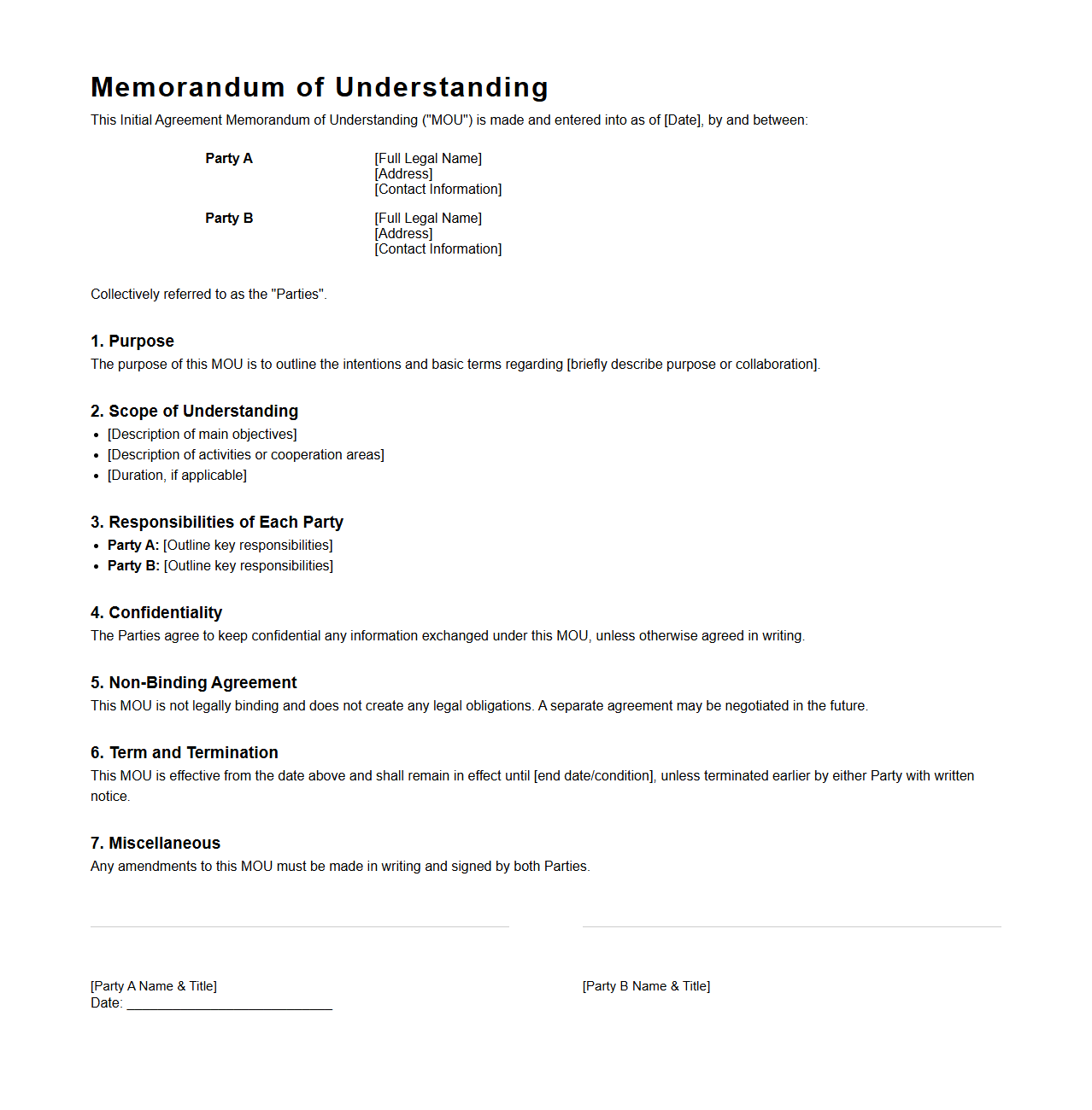 Initial Agreement Memorandum of Understanding Template