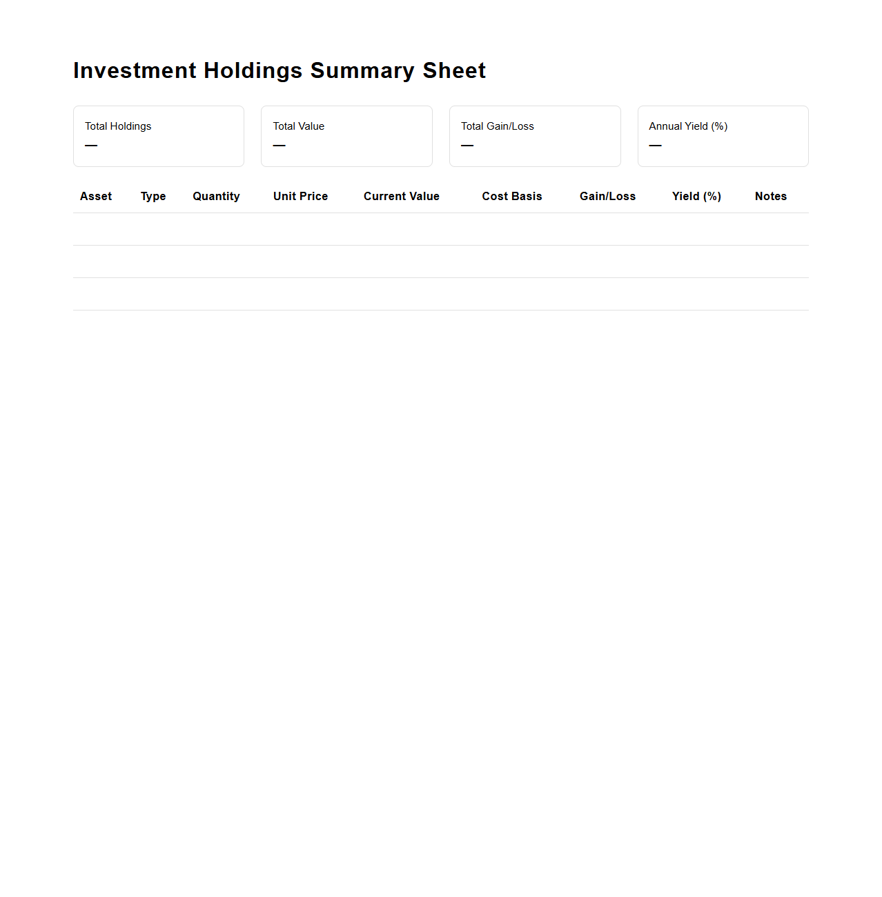 Investment Holdings Summary Sheet