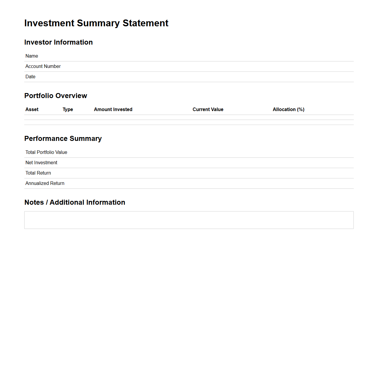 Investment Summary Statement Template