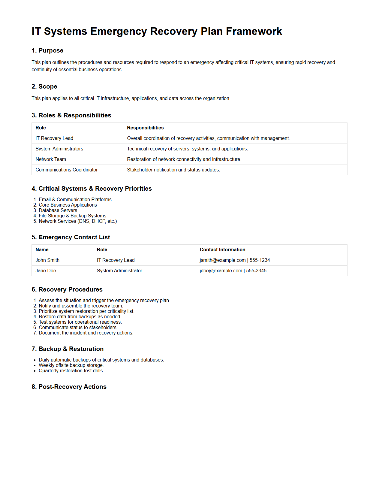 IT Systems Emergency Recovery Plan Framework