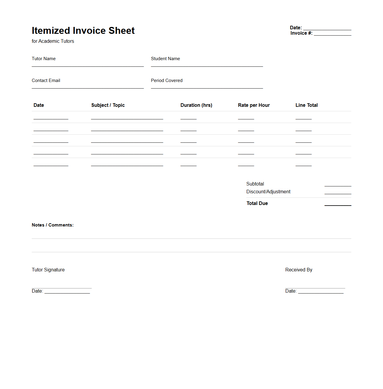 Itemized Invoice Sheet for Academic Tutors