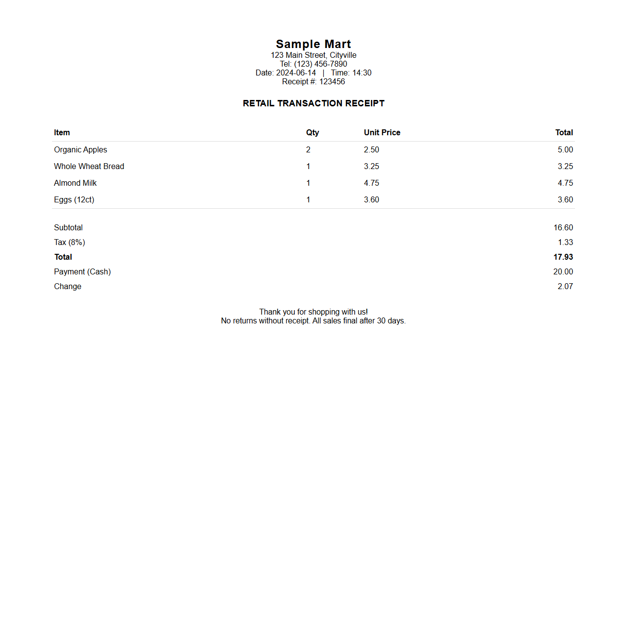 Itemized Retail Transaction Receipt Design