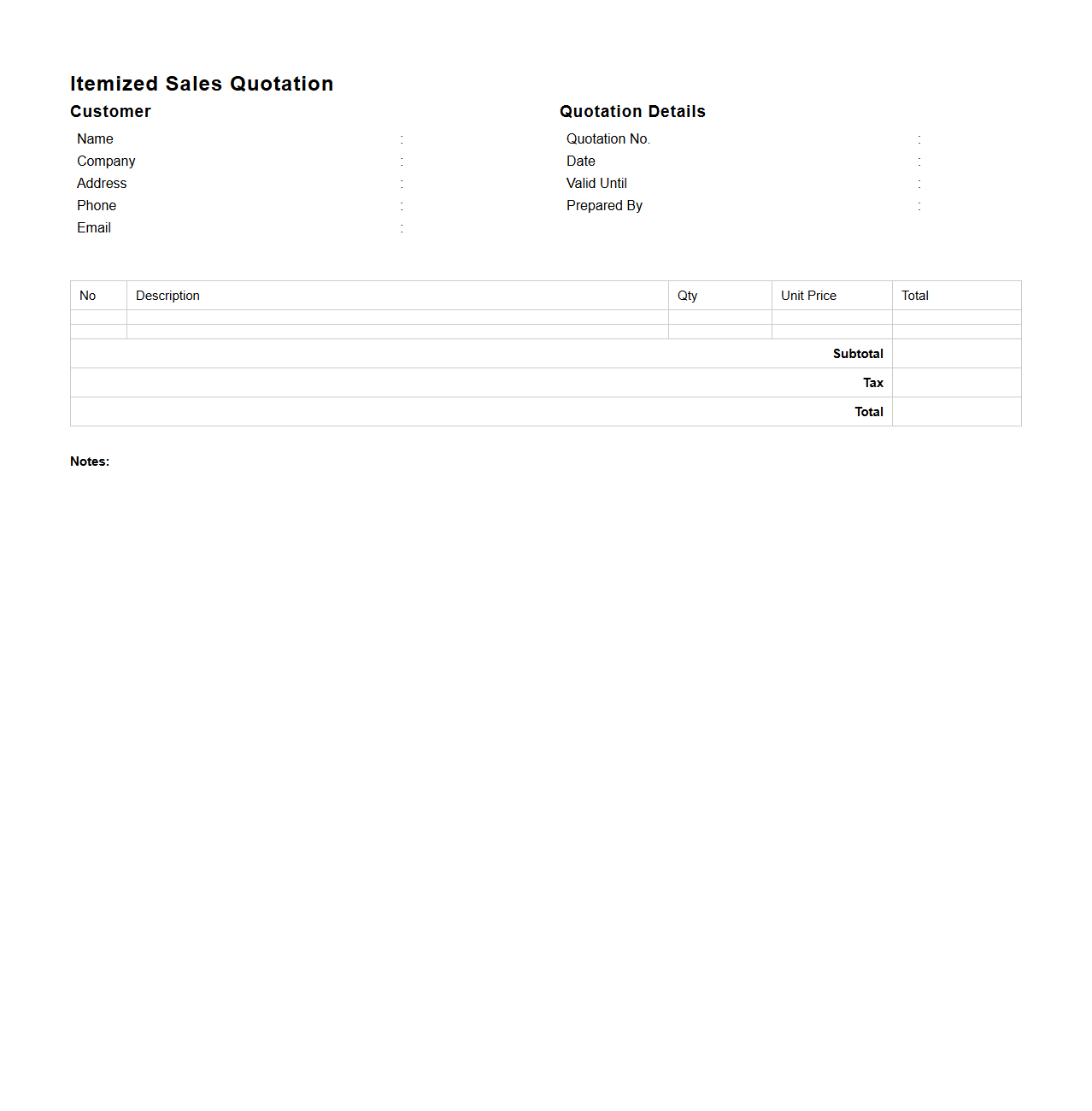 Itemized Sales Quotation Sheet