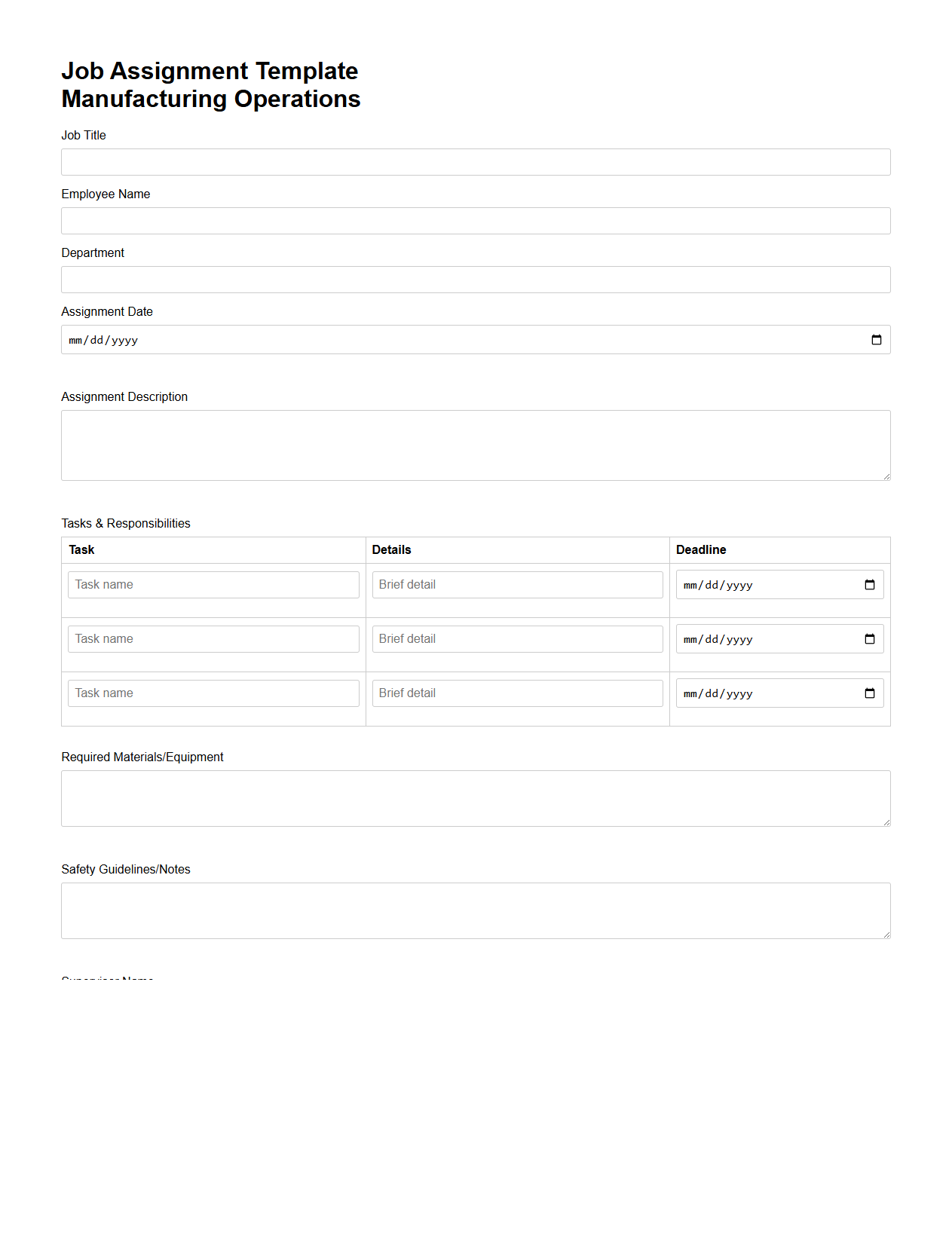 Job Assignment Template for Manufacturing Operations