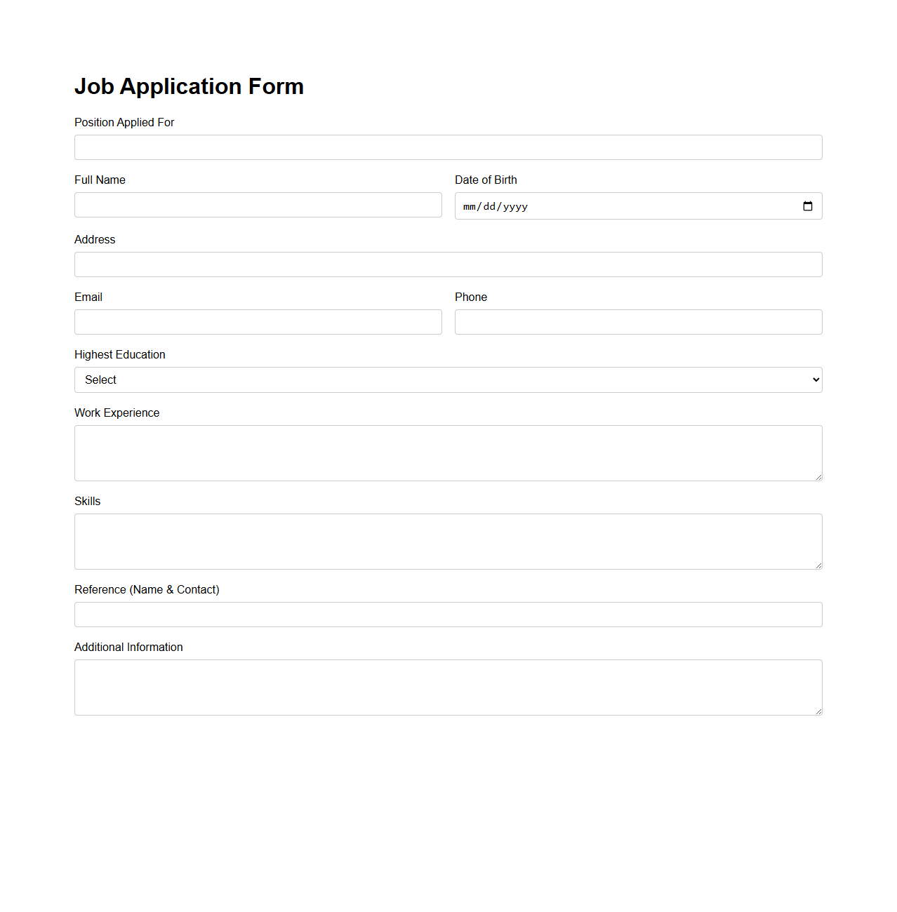 Job Position Application Blank Form