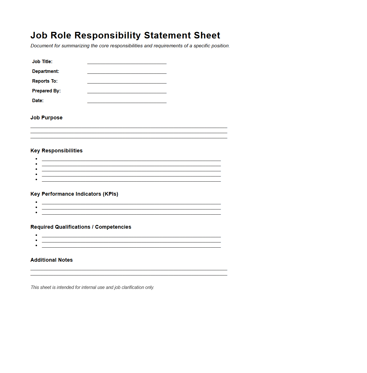 Job Role Responsibility Statement Sheet