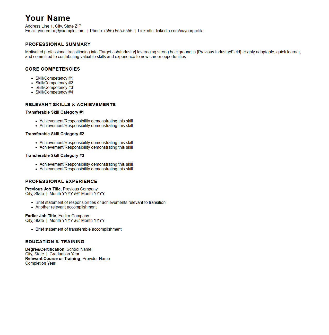 Job Transition Functional Resume Layout