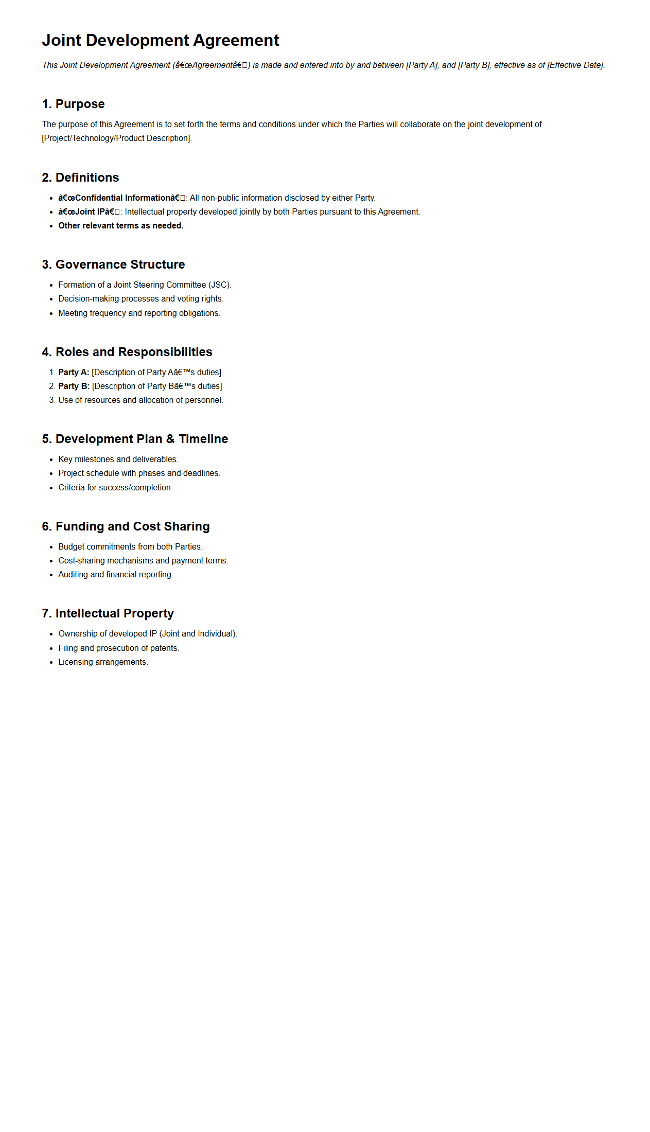 Joint Development Agreement Structure for Shared Ventures
