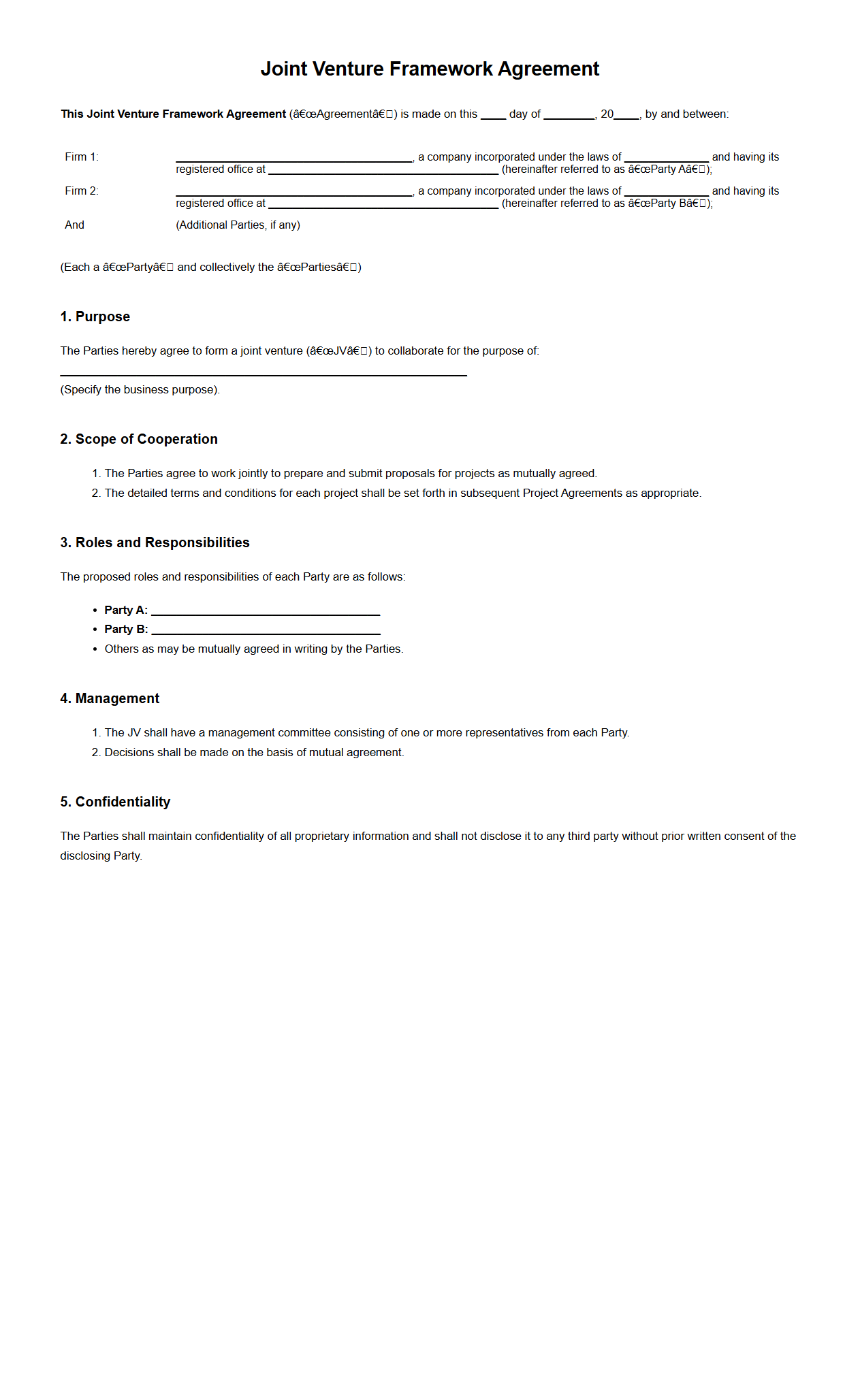 Joint Venture Framework Agreement Format for Firms