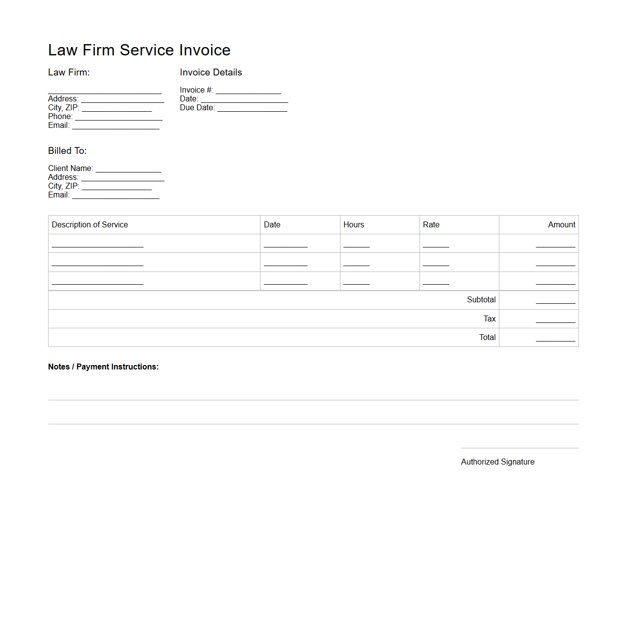Law Firm Service Invoice Blank Sheet