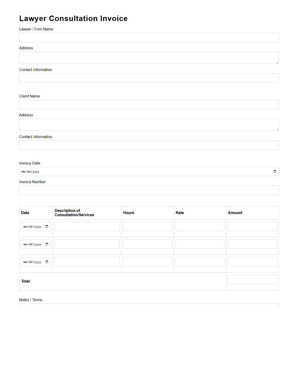 Lawyer Consultation Invoice Blank Form