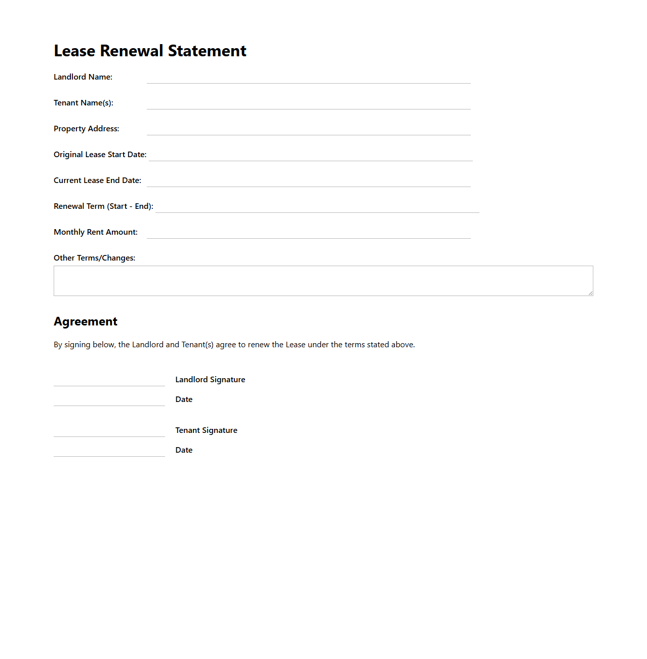 Lease Renewal Statement Template