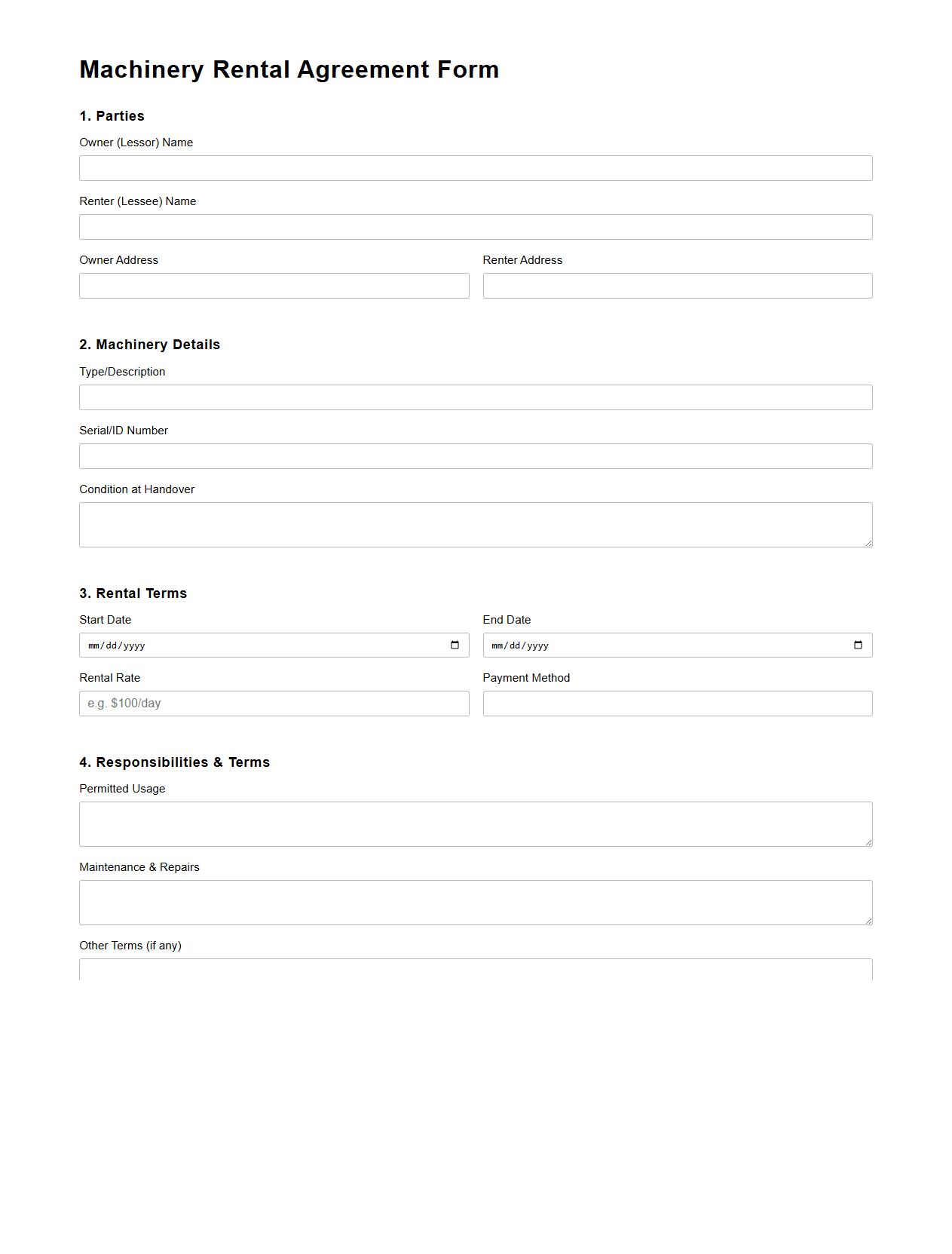 Machinery Rental Agreement Form