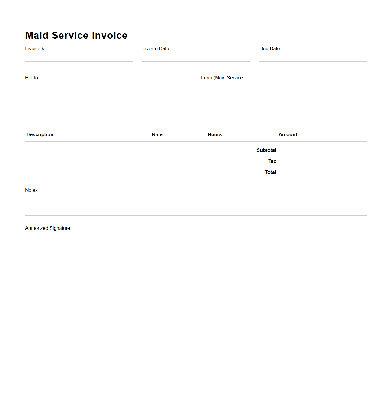 Maid Service Invoice Sheet