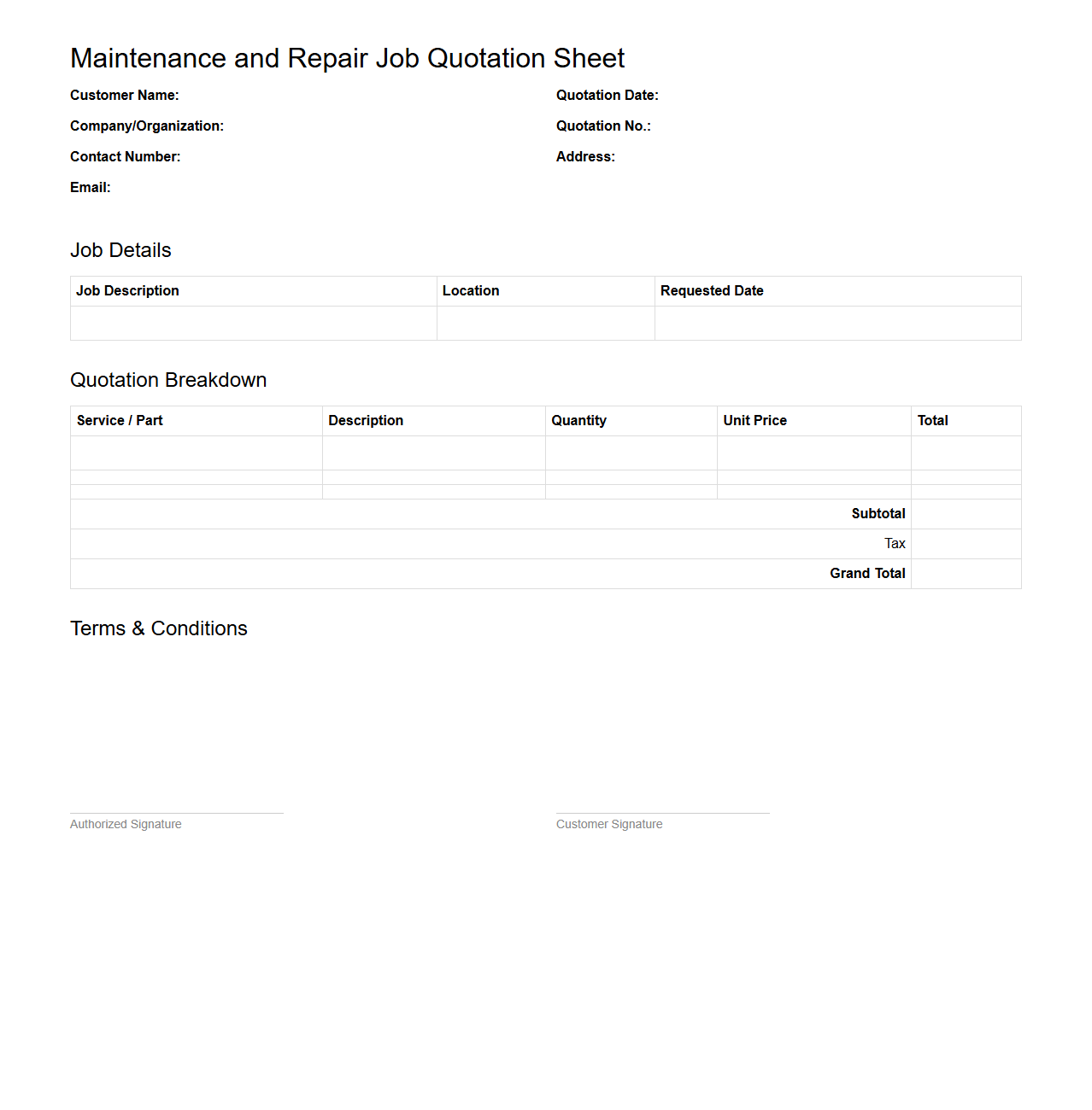 Maintenance and Repair Job Quotation Sheet