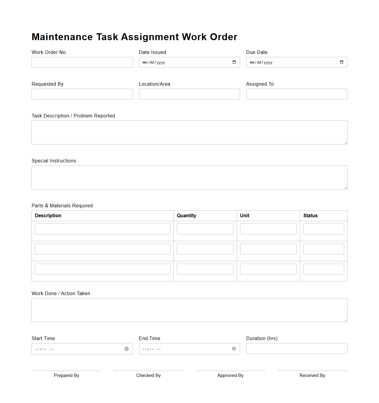 Maintenance Task Assignment Work Order