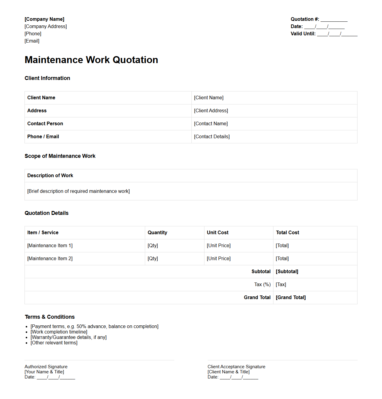 Maintenance Work Quotation Template for Technical Teams