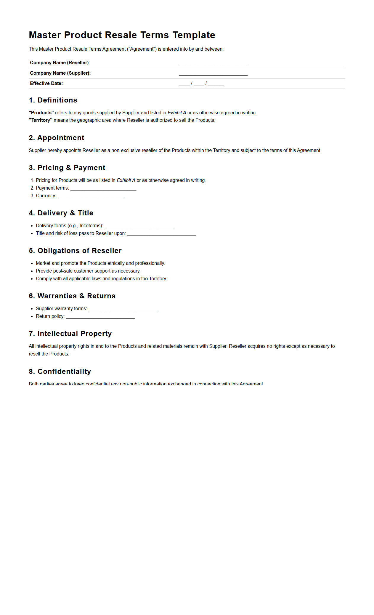 Master Product Resale Terms Template