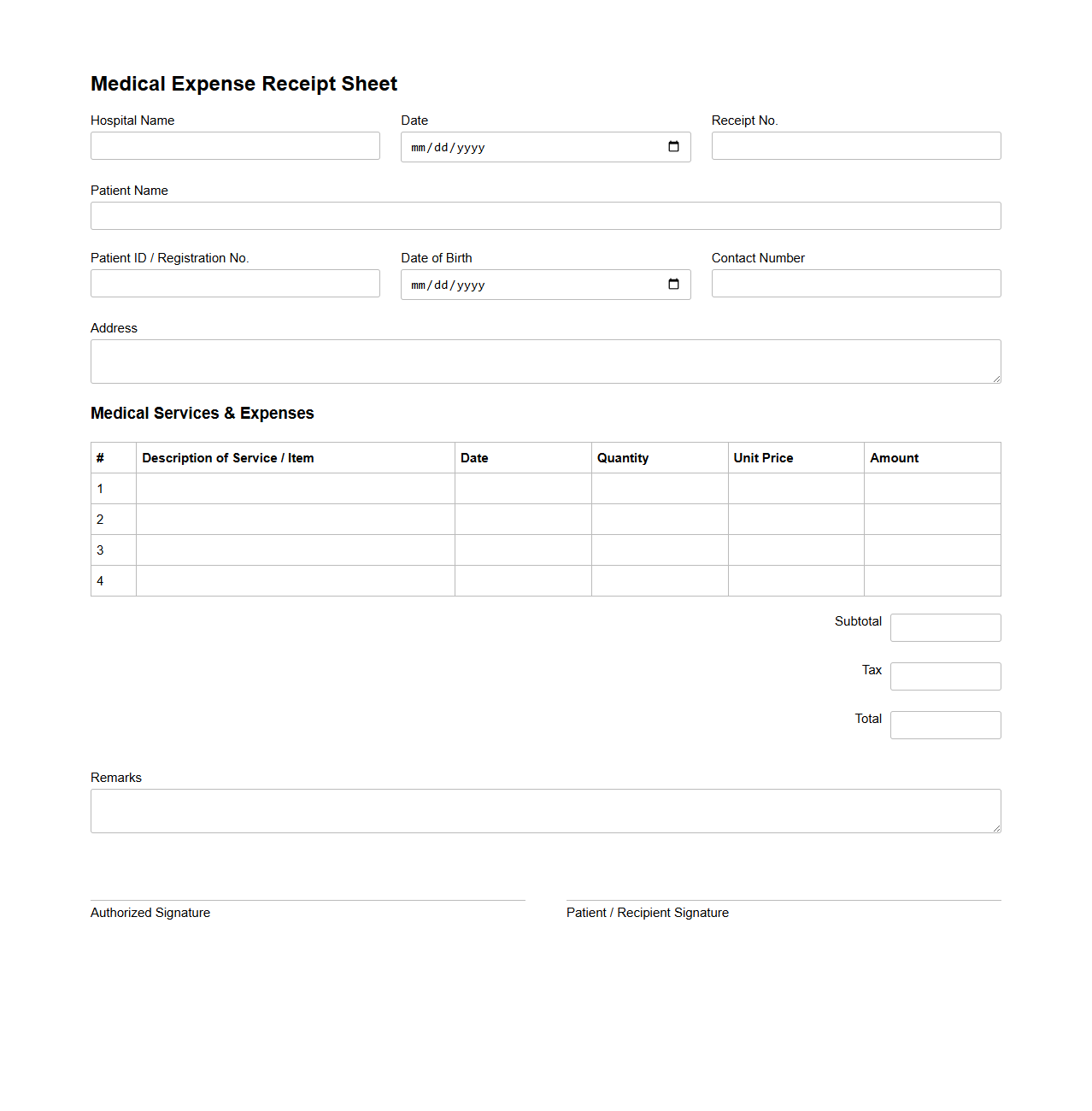 Medical Expense Receipt Sheet for Hospitals