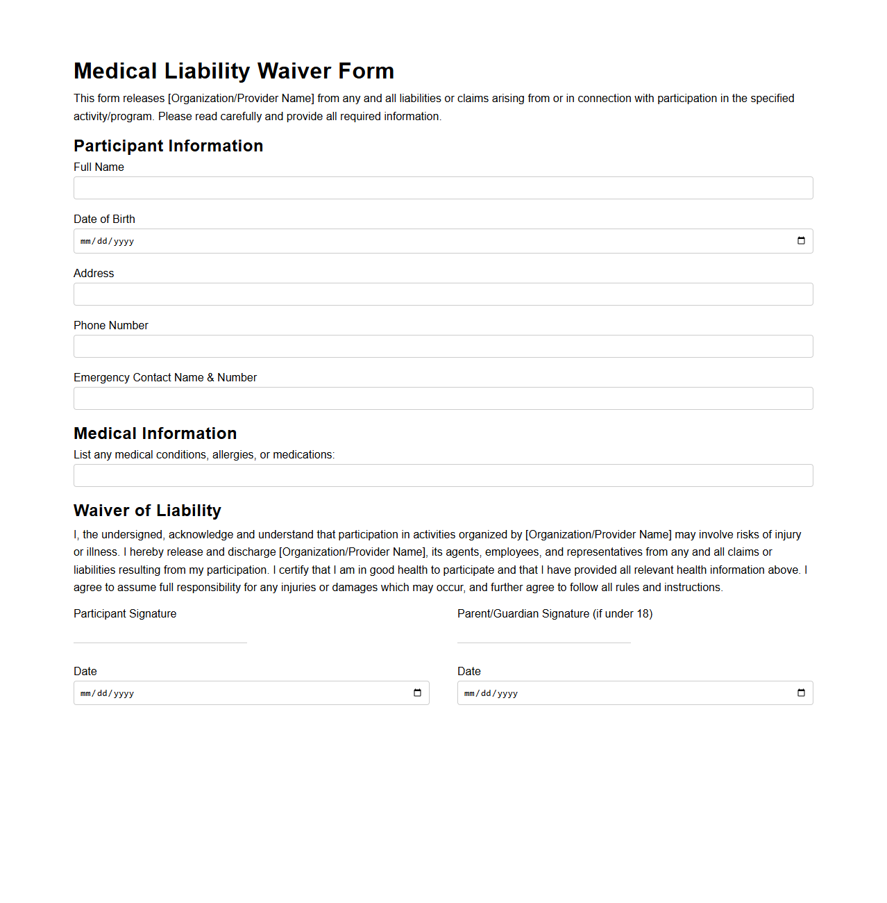 Medical Liability Waiver Form