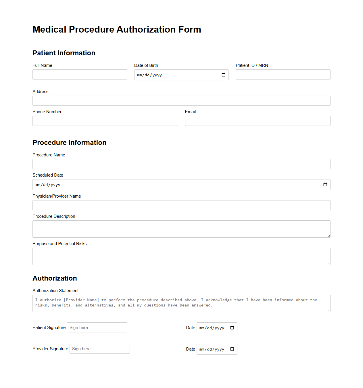 Medical Procedure Authorization Form Template
