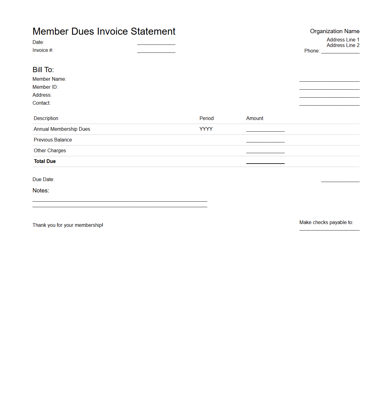 Member Dues Invoice Statement Sample