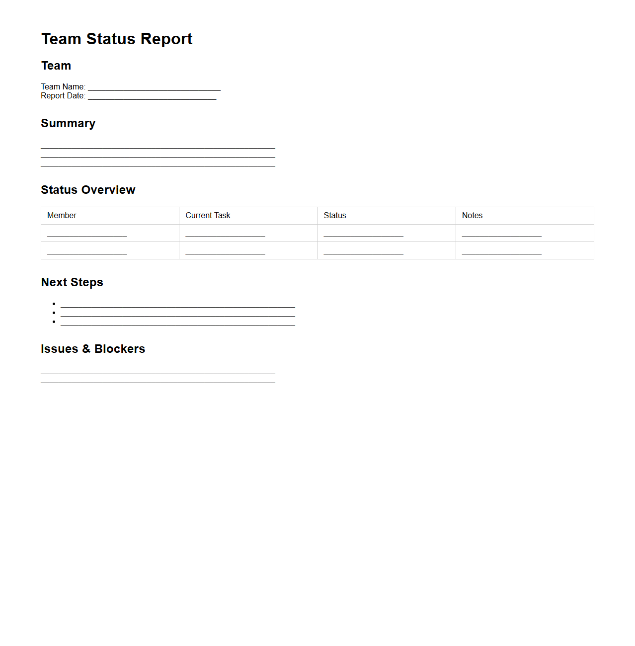 Minimal Blank Team Status Report Layout