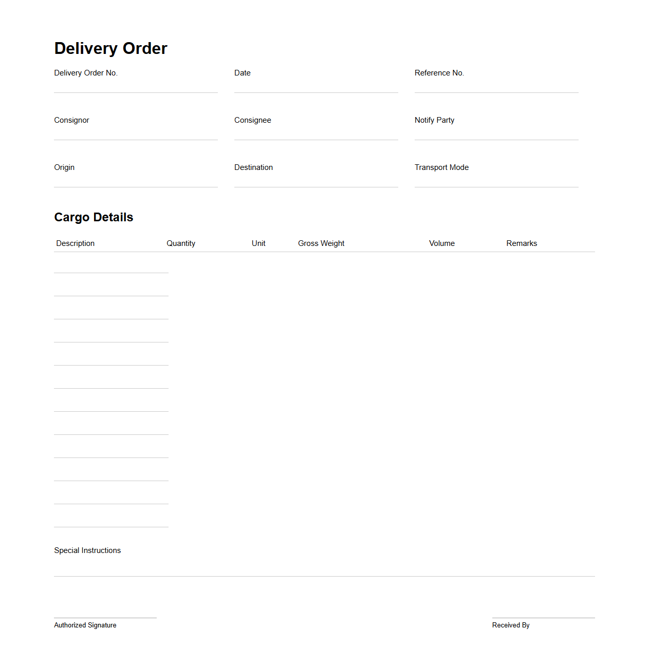 Minimal Delivery Order Template for Cargo Arrangements