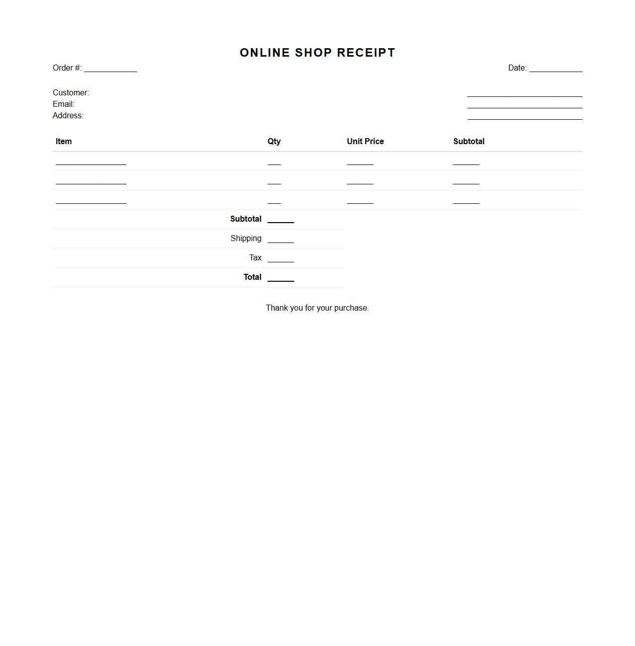 Minimalist Blank Online Shop Receipt Template