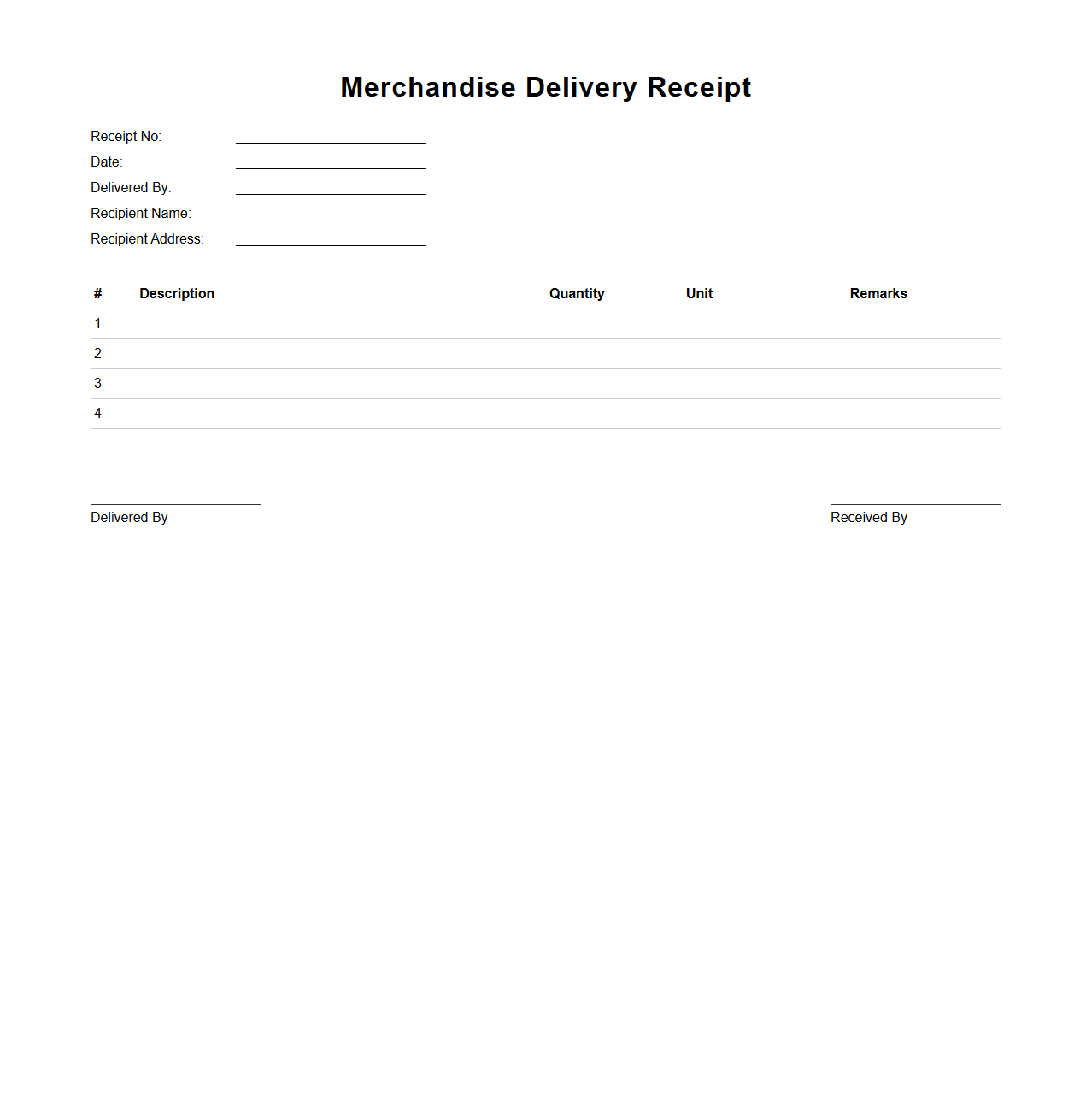 Minimalist Merchandise Delivery Receipt Sample