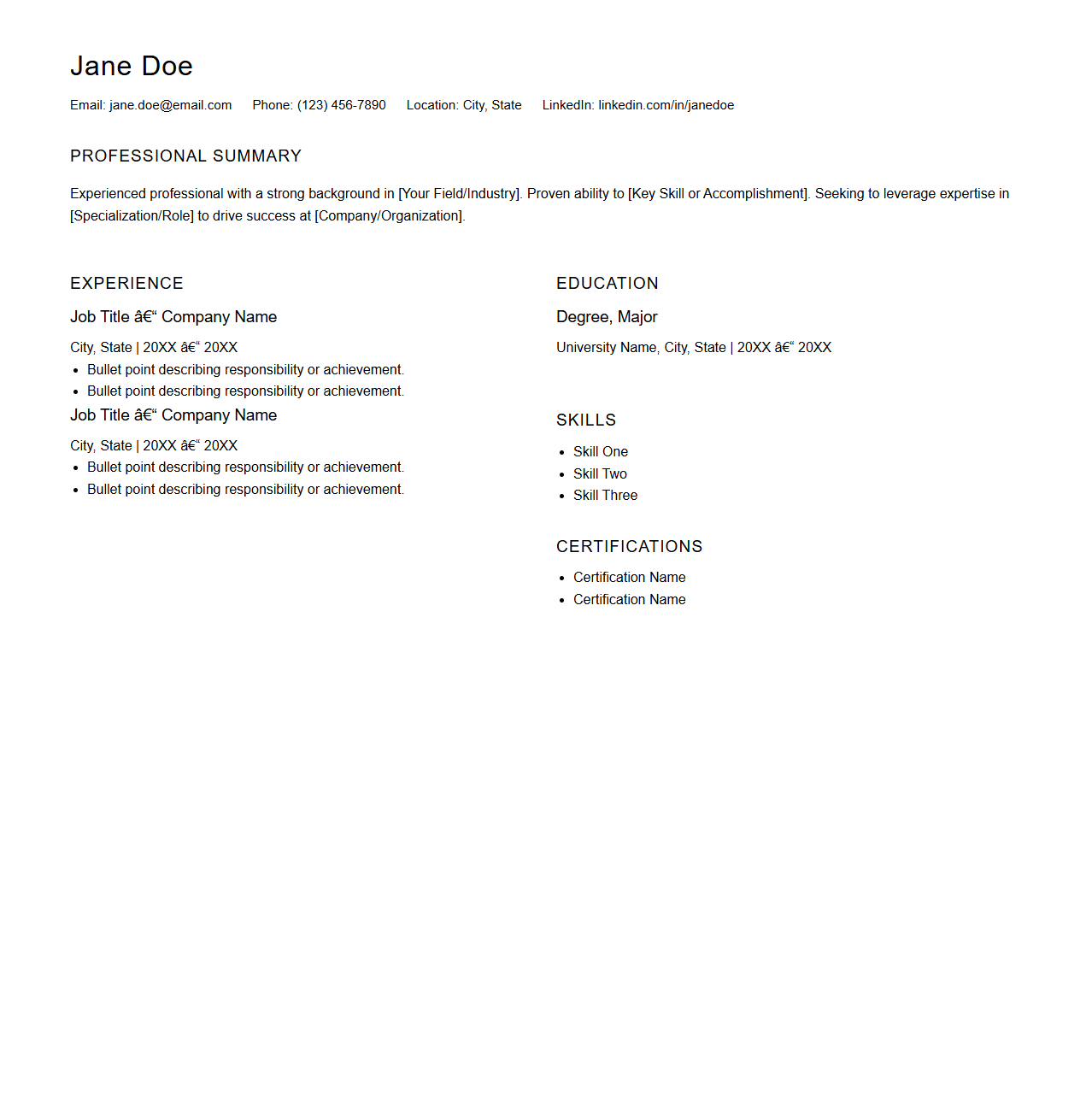 Minimalist One-Page Resume Template for Professional Presentations