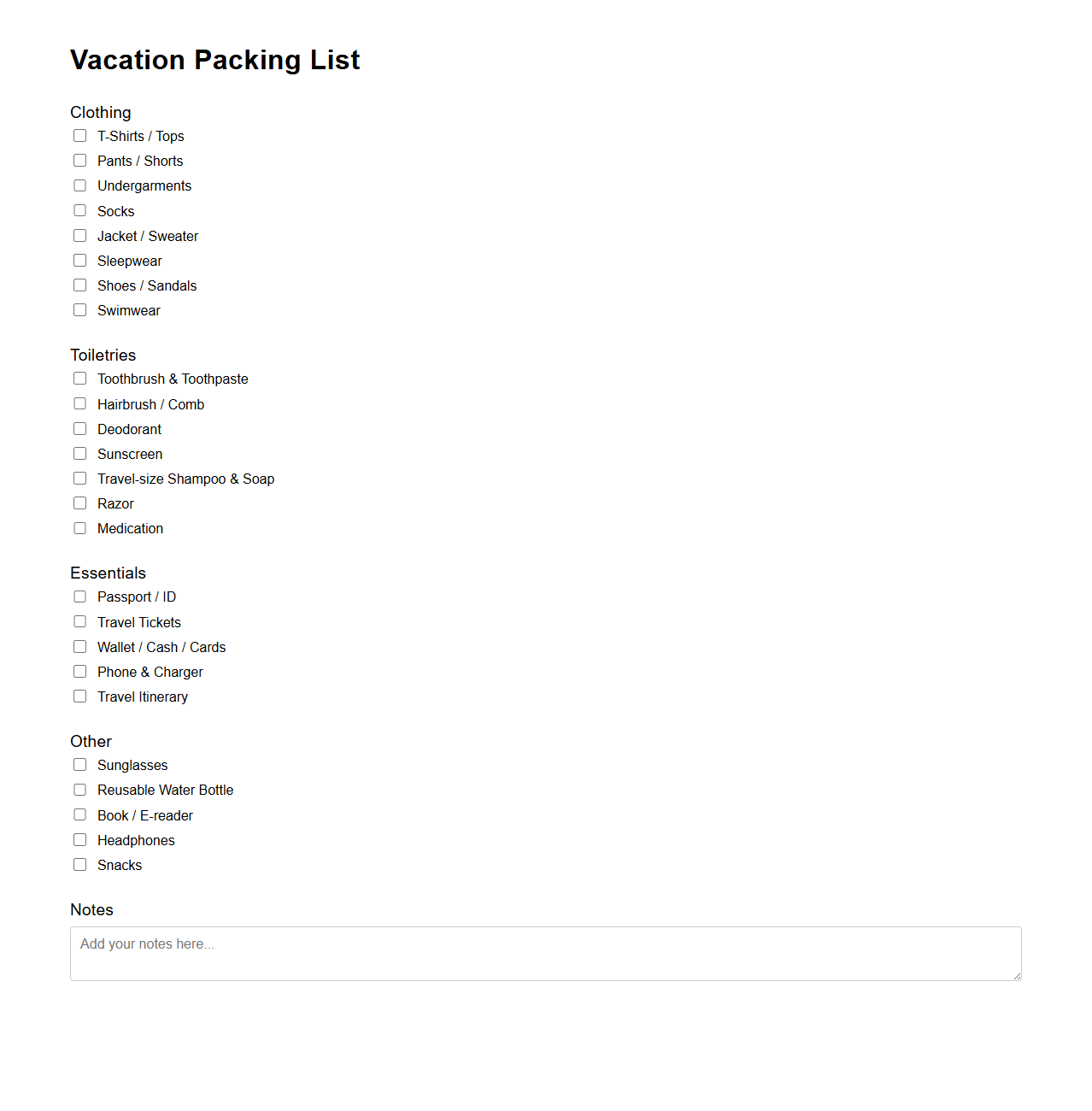 Minimalist Packing List Template for Vacation Planning