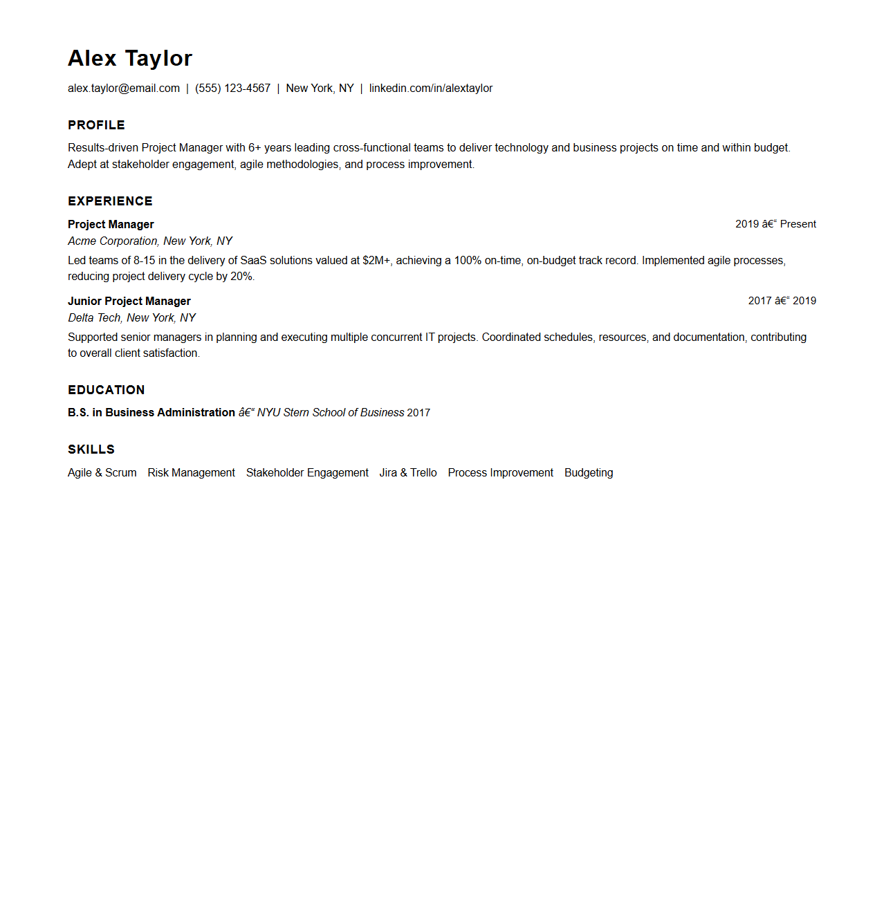 Minimalist Project Manager Resume Format