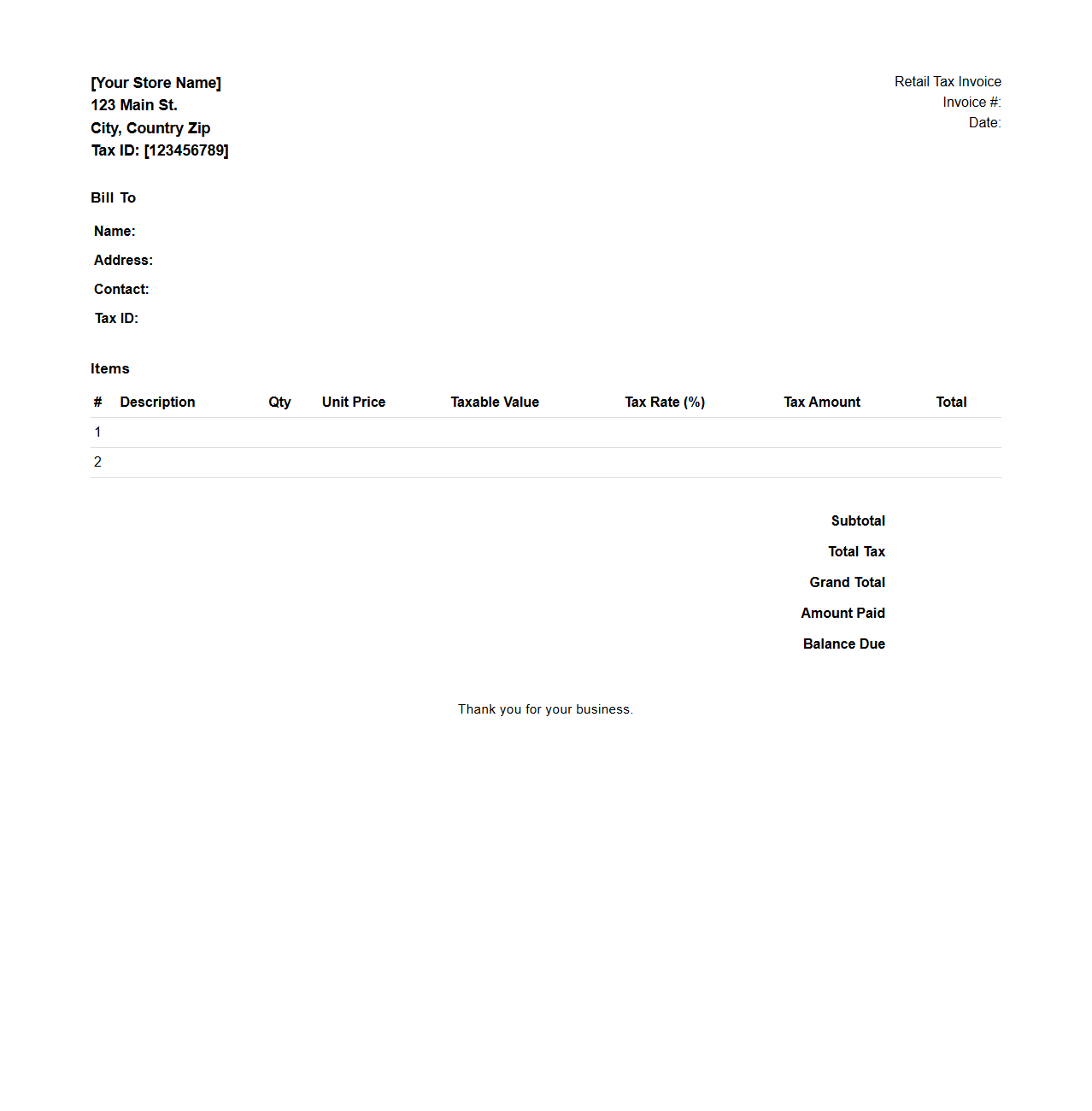 Minimalist Retail Tax Invoice Sample