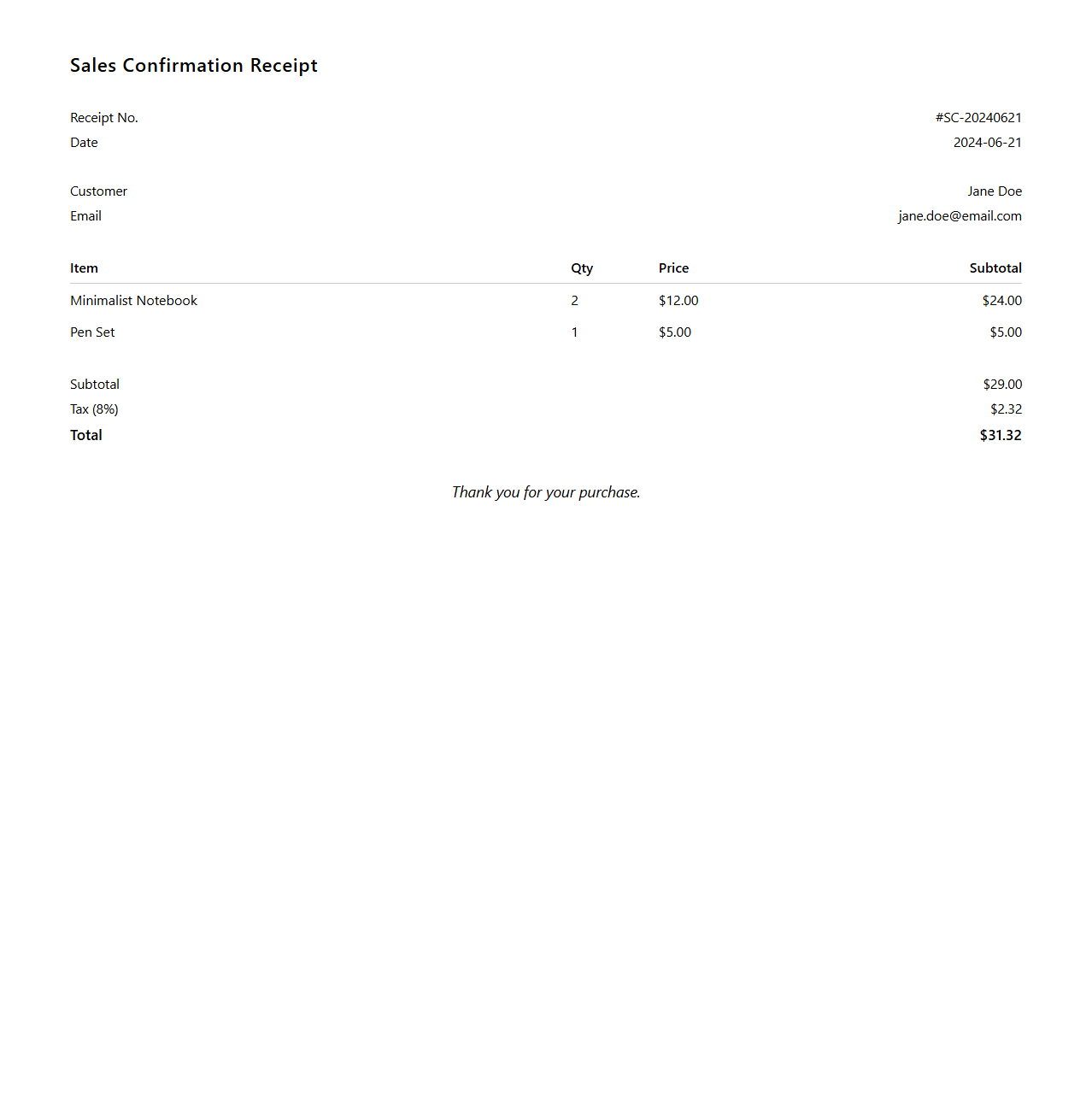 Minimalist Sales Confirmation Receipt Page