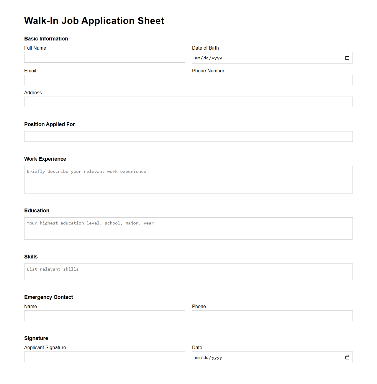 Minimalist Walk-In Job Application Sheet