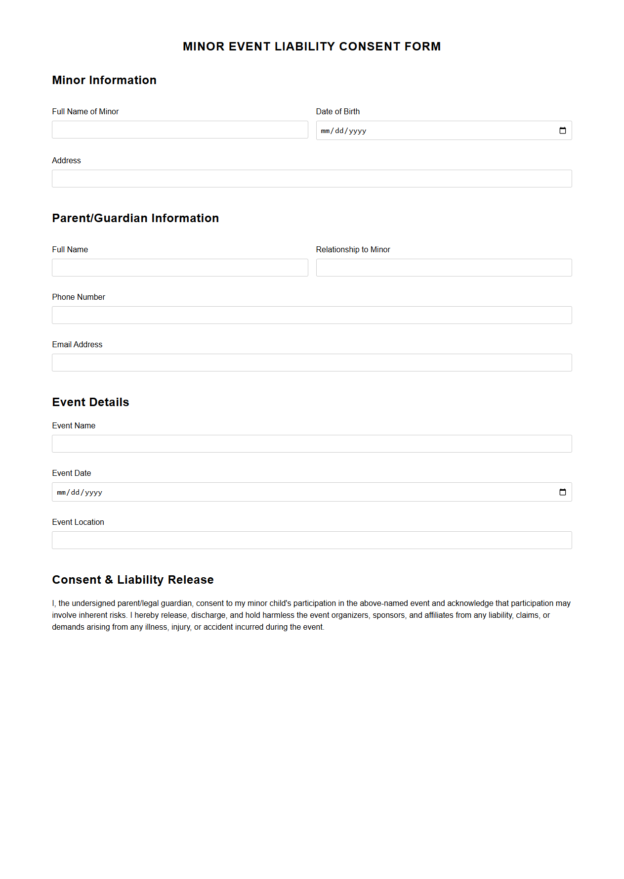 Minor Event Liability Consent Form