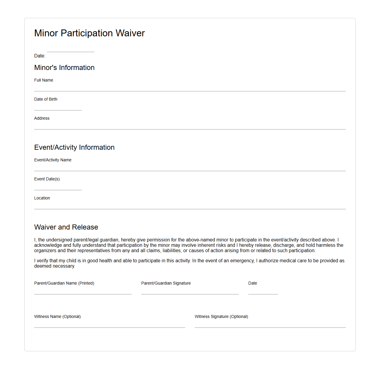 Minor Participation Waiver Template