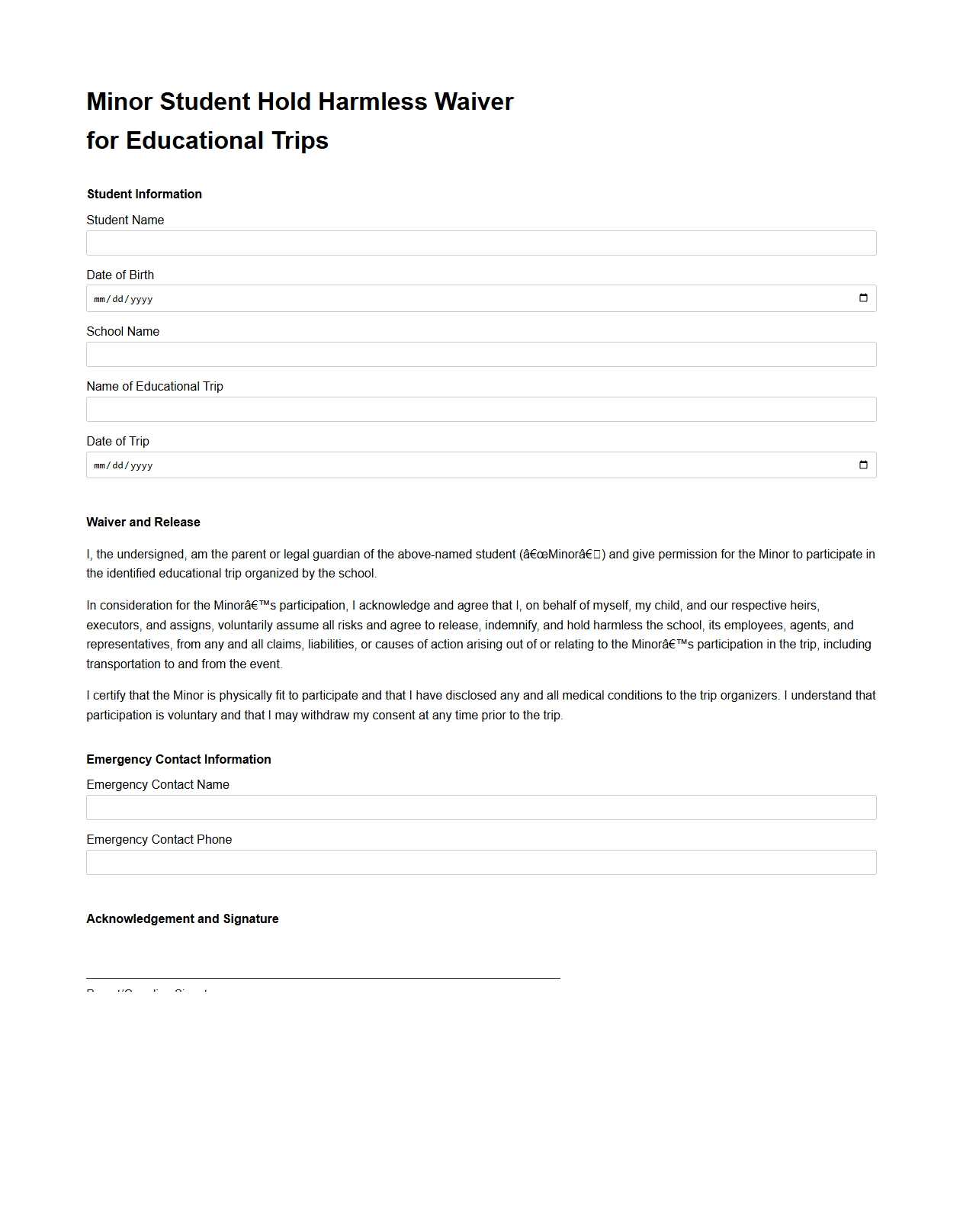 Minor Student Hold Harmless Waiver for Educational Trips