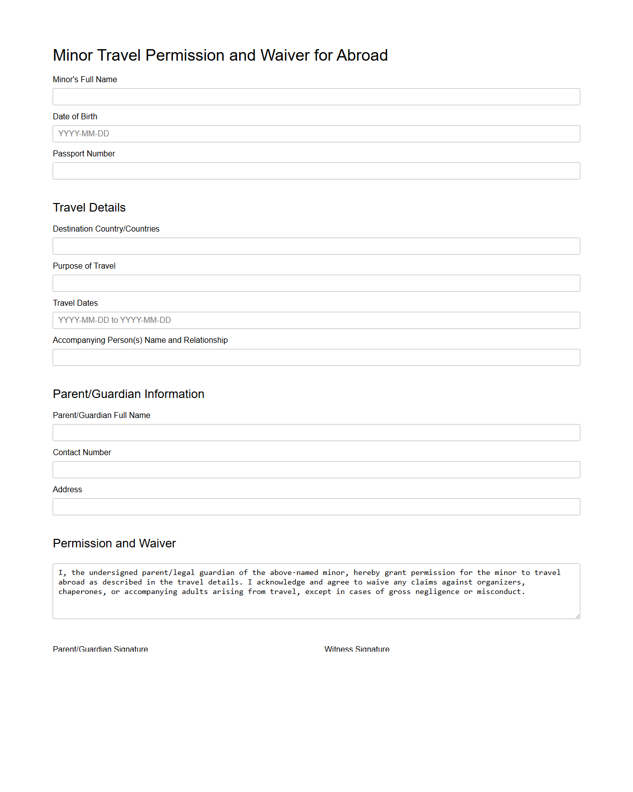 Minor Travel Permission and Waiver for Abroad