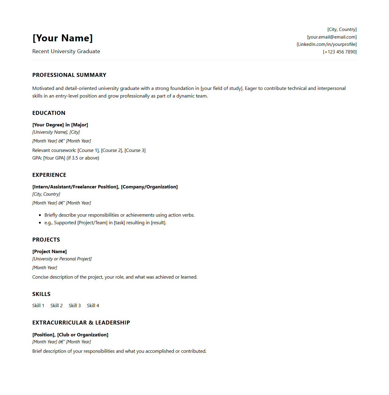 Modern Entry-Level CV Template for University Alumni