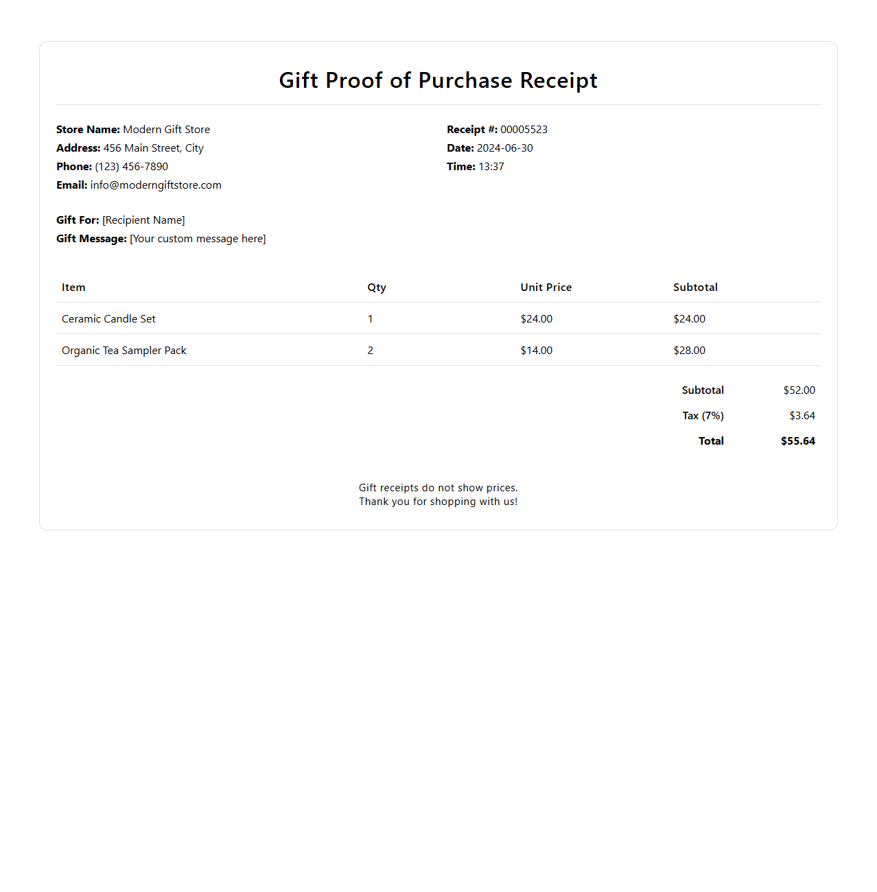 Modern Gift Proof of Purchase Receipt for Stores