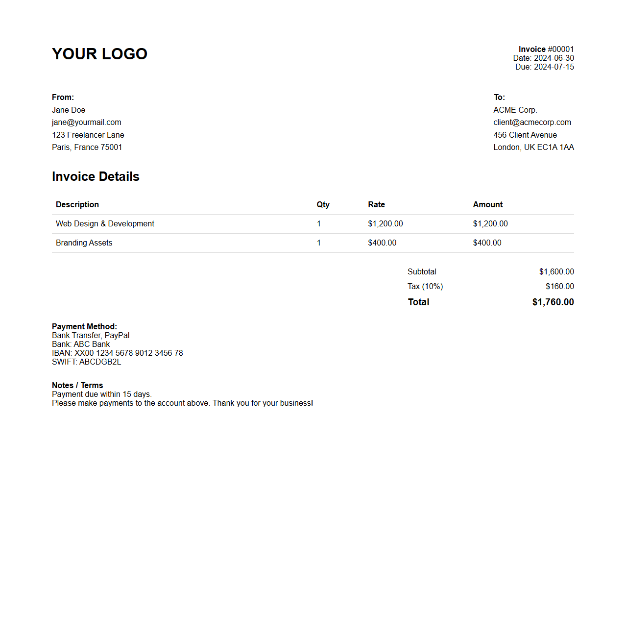 Modern Sales Invoice Template for Freelancers