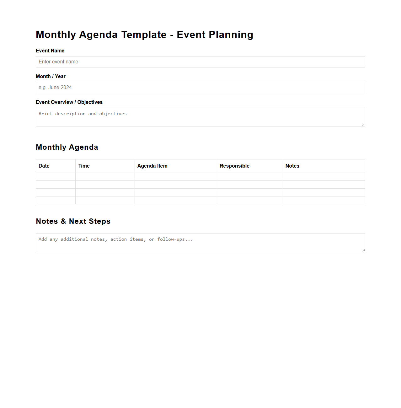 Monthly Agenda Template for Event Planning