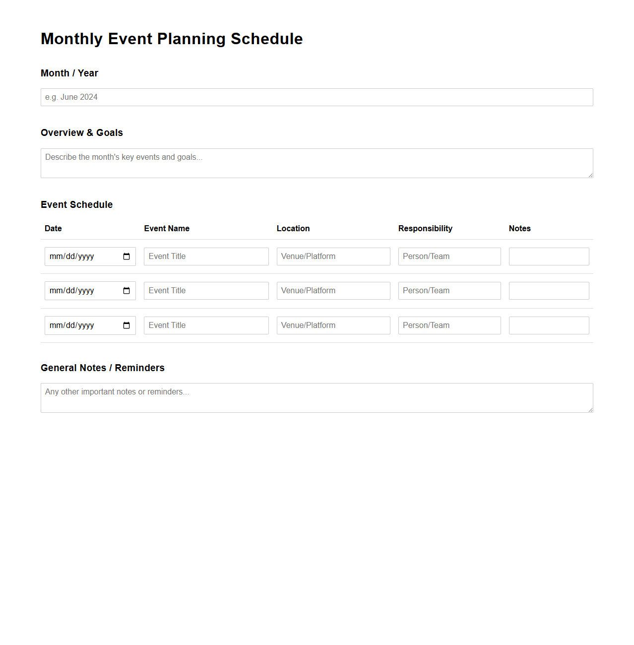 Monthly Event Planning Schedule Template
