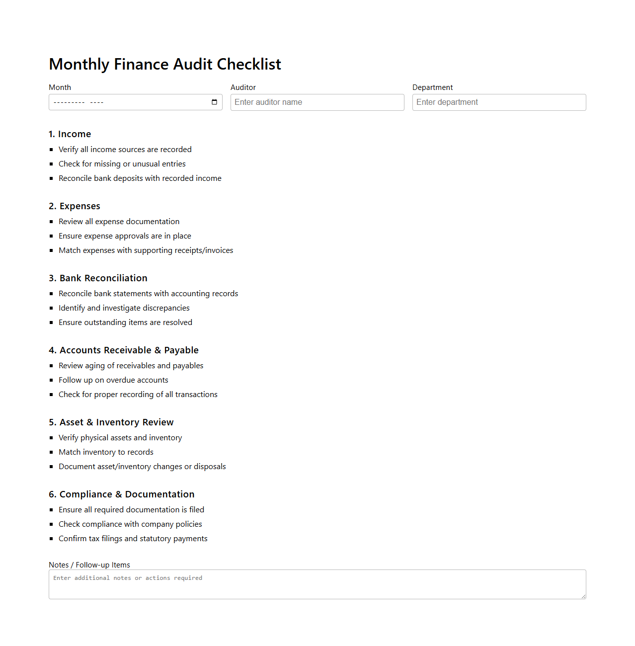 Monthly Finance Audit Checklist Template